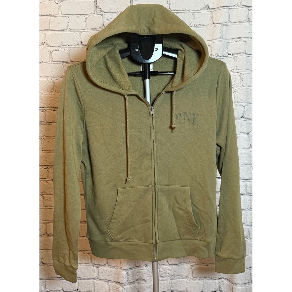 Victoria's Secret PINK Full Zip Hoodie Olive Graphic Logo Sweatshirt Medium